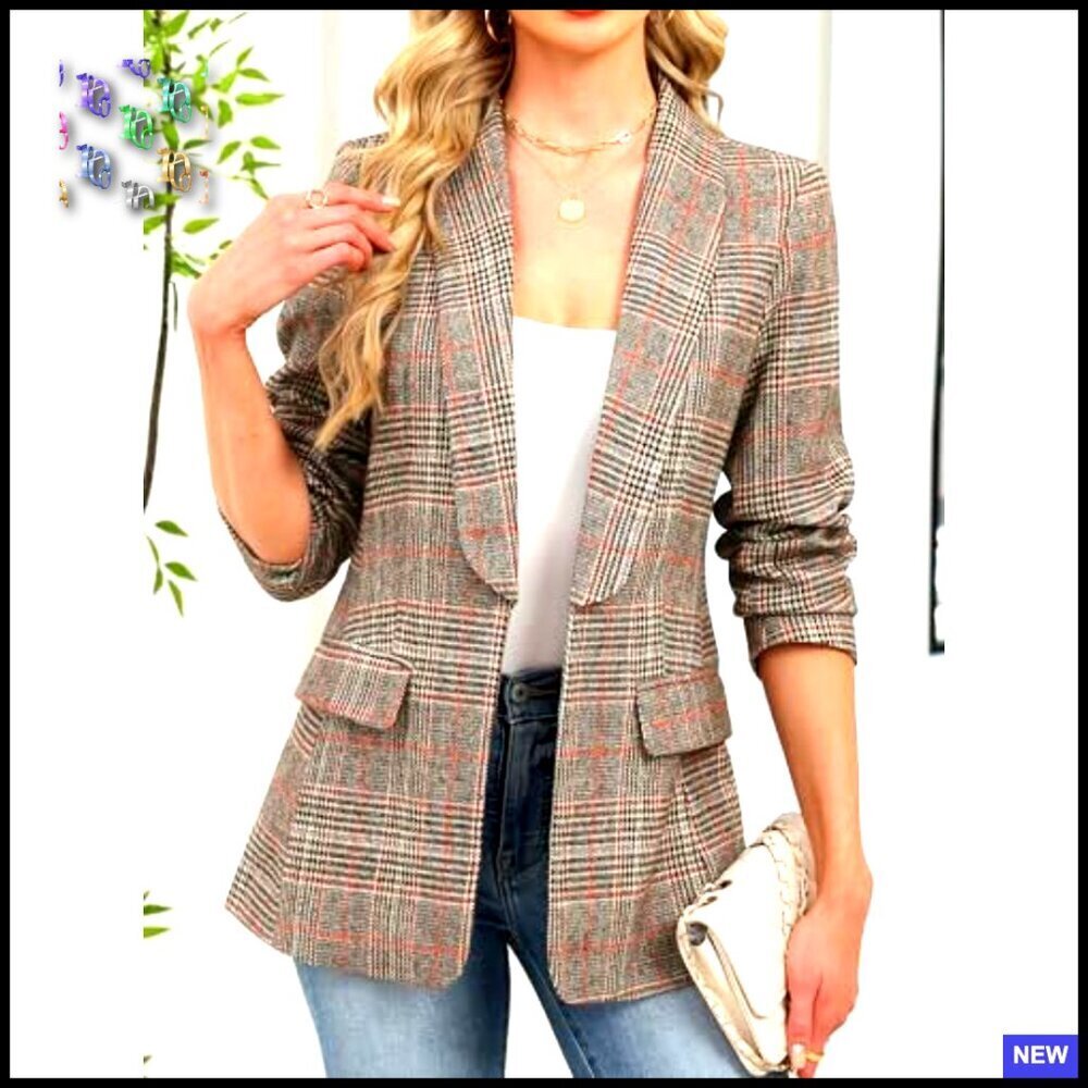 Shawl Collar Plaid Blazer Boyfriend Fit Business Casual Office Jacket - Picture 3 of 6